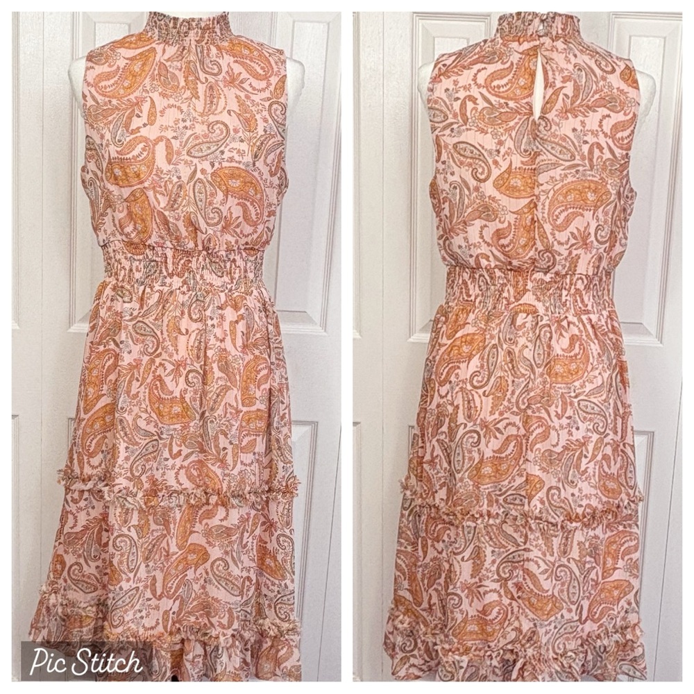 1. State Light Pink & Orange Paisley Sleeveless Smocked Tiered Midi Dress